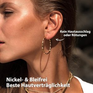 BONNYBIRD® Wasserfeste Edelstahl Creolen Groß in Silber, Gold & Roségold - Ohrringe Damen aus hochwertigem Chirurgenstahl, 100% Wasserfest & Hautverträglich "BonnyFly" (40 mm) BonnyFly Gold