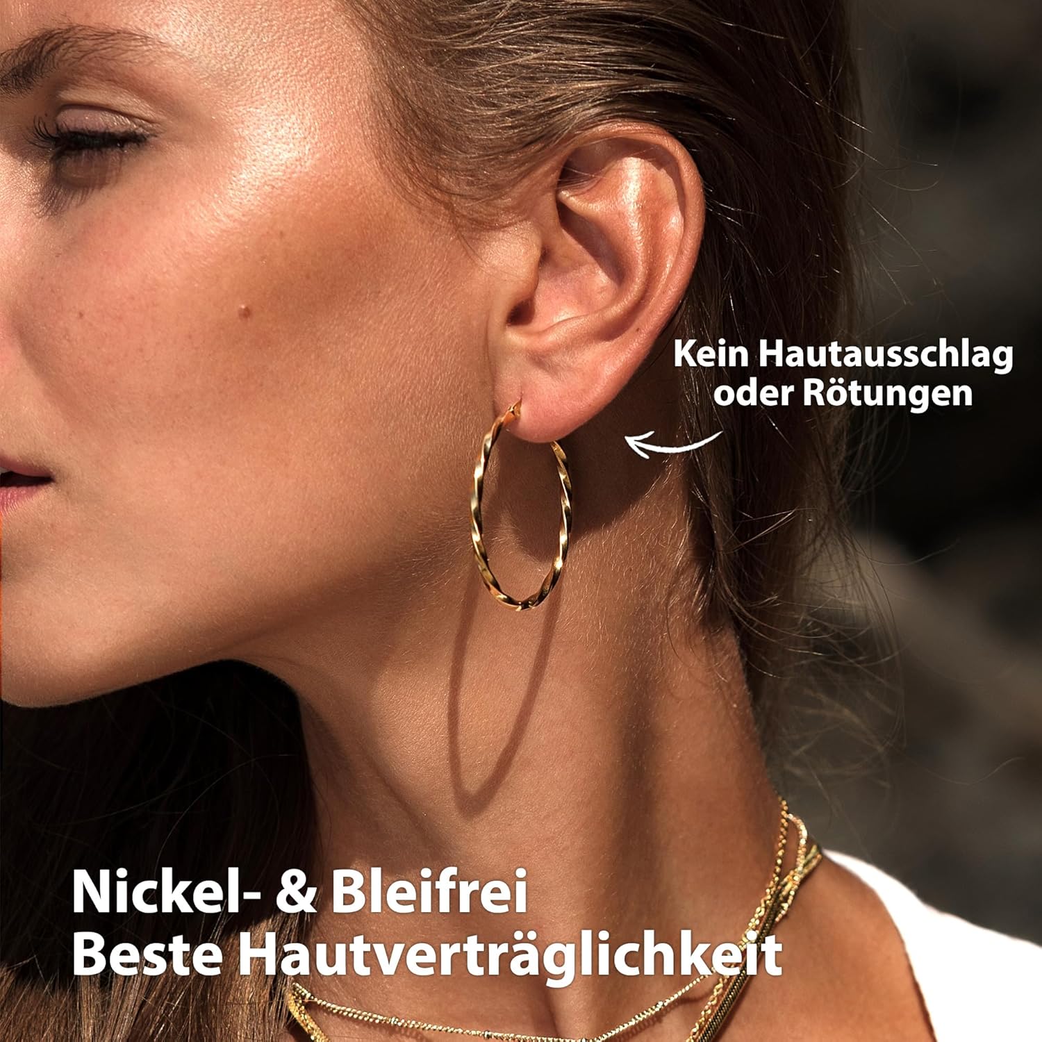 BONNYBIRD® Wasserfeste Edelstahl Creolen Groß in Silber, Gold & Roségold - Ohrringe Damen aus hochwertigem Chirurgenstahl, 100% Wasserfest & Hautverträglich "BonnyFly" (40 mm) BonnyFly Gold