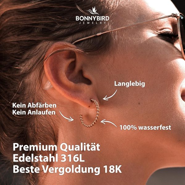 BONNYBIRD® Wasserfeste Edelstahl Ohrringe Damen in Silber, Gold & Roségold, Hypoallergen dank medizinischem Chirurgenstahl, Extra Leicht BonnySail Roségold
