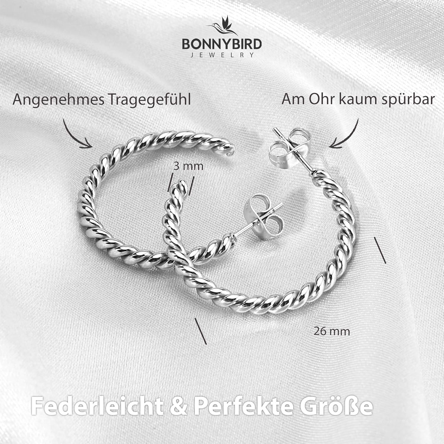 BONNYBIRD® Wasserfeste Edelstahl Ohrringe Damen in Silber, Gold & Roségold, Hypoallergen dank medizinischem Chirurgenstahl, Extra Leicht BonnySail Silber