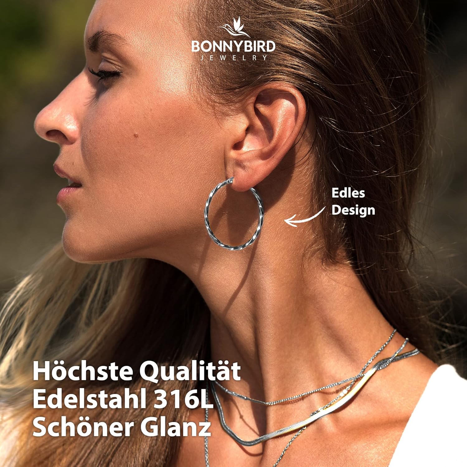 BONNYBIRD® Wasserfeste Edelstahl Creolen Groß in Silber, Gold & Roségold - Ohrringe Damen aus hochwertigem Chirurgenstahl, 100% Wasserfest & Hautverträglich "BonnyFly" (40 mm) BonnyFly Silber