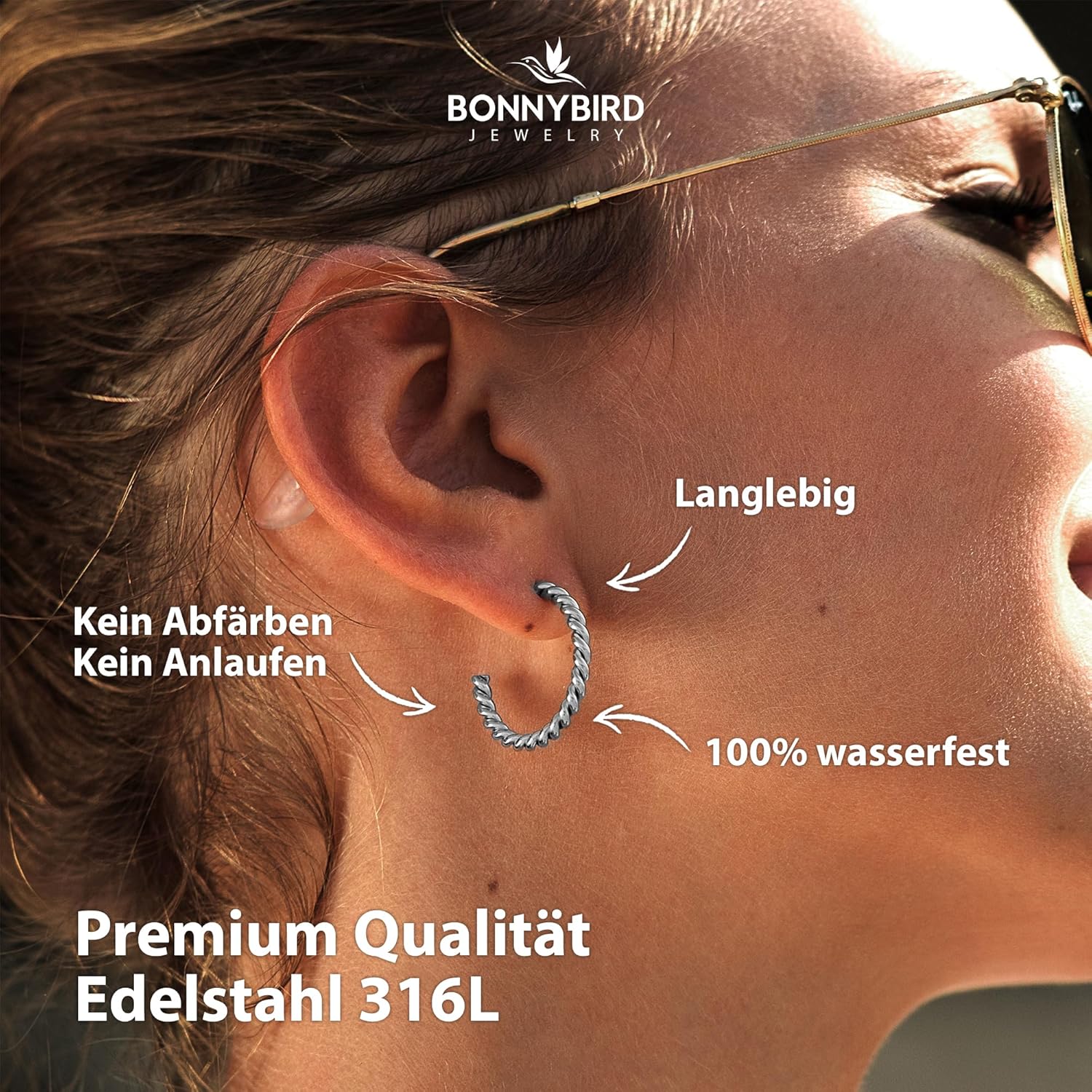 BONNYBIRD® Wasserfeste Edelstahl Ohrringe Damen in Silber, Gold & Roségold, Hypoallergen dank medizinischem Chirurgenstahl, Extra Leicht BonnySail Silber