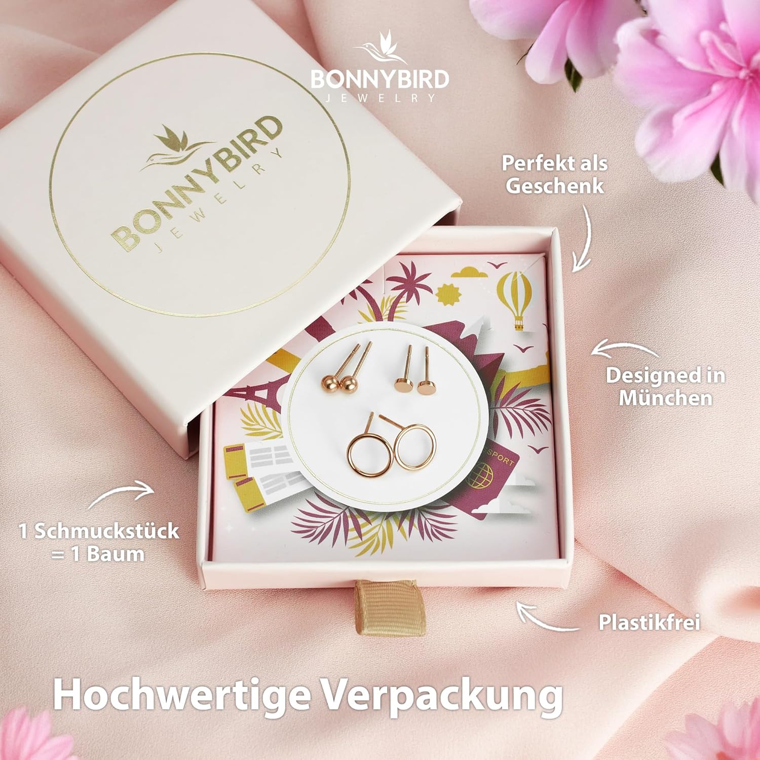 BONNYBIRD® Wasserfeste Edelstahl Ohrringe Damen in Silber, Gold & Roségold, Hypoallergen dank medizinischem Chirurgenstahl, Extra Leicht BonnyClassic Rosegold