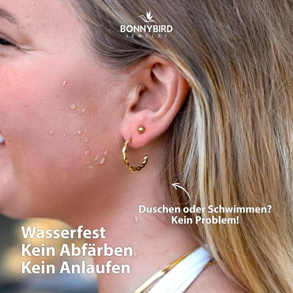 BONNYBIRD® Wasserfeste Edelstahl Ohrringe Damen in Silber, Gold & Roségold, Hypoallergen dank medizinischem Chirurgenstahl, Extra Leicht BonnyTwist Gold