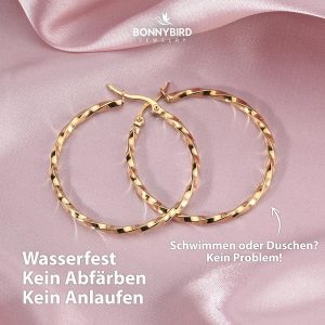 BONNYBIRD® Wasserfeste Edelstahl Creolen Groß in Silber, Gold & Roségold - Ohrringe Damen aus hochwertigem Chirurgenstahl, 100% Wasserfest & Hautverträglich "BonnyFly" (40 mm) BonnyFly Gold