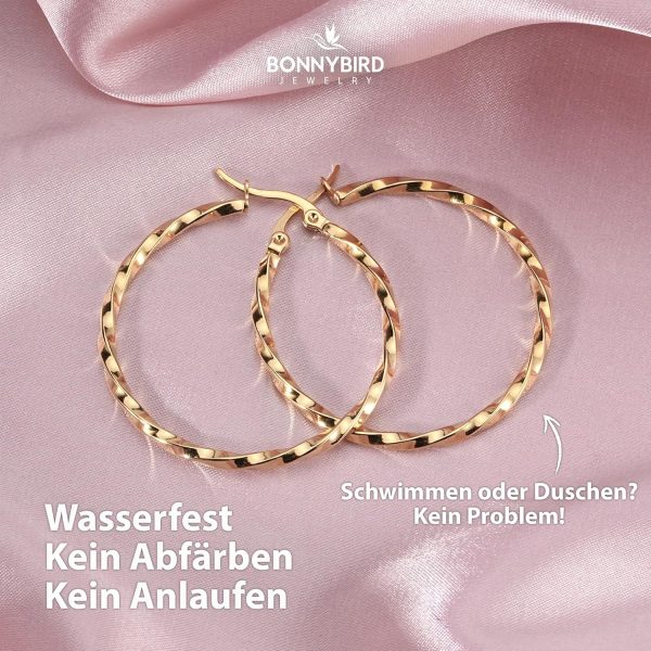 BONNYBIRD® Wasserfeste Edelstahl Creolen Groß in Silber, Gold & Roségold - Ohrringe Damen aus hochwertigem Chirurgenstahl, 100% Wasserfest & Hautverträglich "BonnyFly" (40 mm) BonnyFly Gold