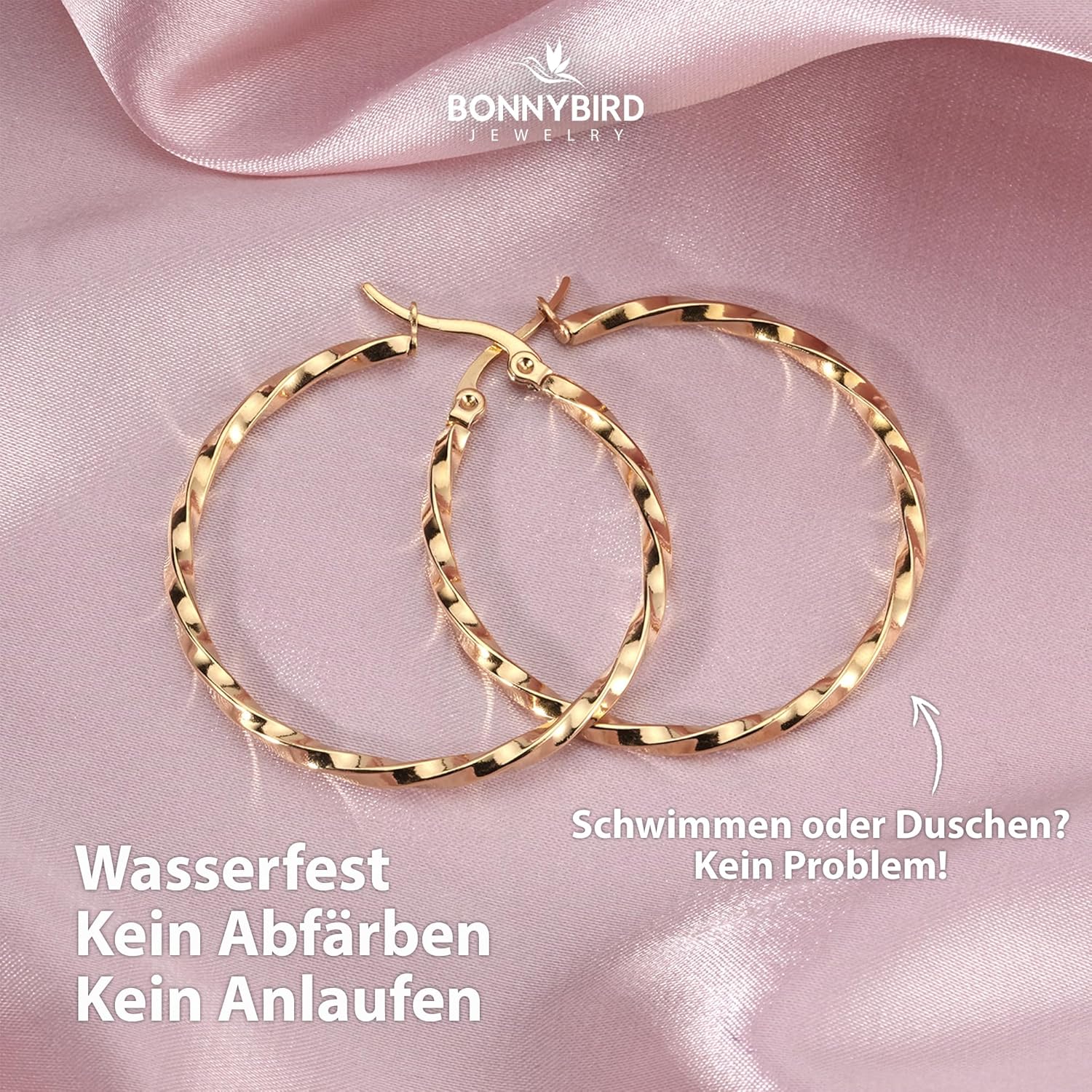 BONNYBIRD® Wasserfeste Edelstahl Creolen Groß in Silber, Gold & Roségold - Ohrringe Damen aus hochwertigem Chirurgenstahl, 100% Wasserfest & Hautverträglich "BonnyFly" (40 mm) BonnyFly Gold
