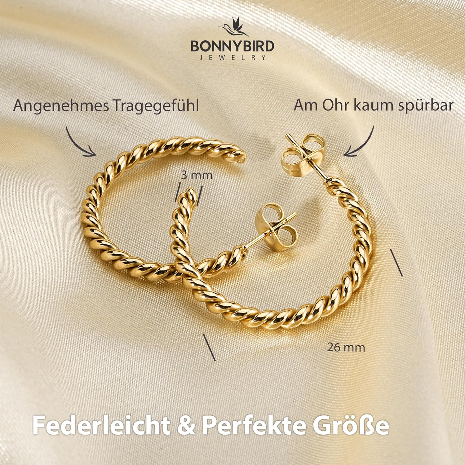 BONNYBIRD® Wasserfeste Edelstahl Ohrringe Damen in Silber, Gold & Roségold, Hypoallergen dank medizinischem Chirurgenstahl, Extra Leicht BonnySail Gold