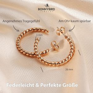 BONNYBIRD® Wasserfeste Edelstahl Ohrringe Damen in Silber, Gold & Roségold, Hypoallergen dank medizinischem Chirurgenstahl, Extra Leicht BonnySail Roségold