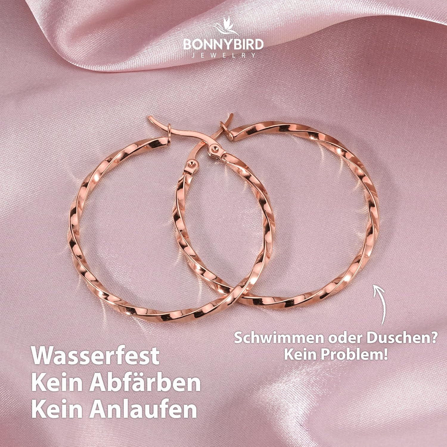BONNYBIRD® Wasserfeste Edelstahl Creolen Groß in Silber, Gold & Roségold - Ohrringe Damen aus hochwertigem Chirurgenstahl, 100% Wasserfest & Hautverträglich "BonnyFly" (40 mm) BonnyFly Roségold