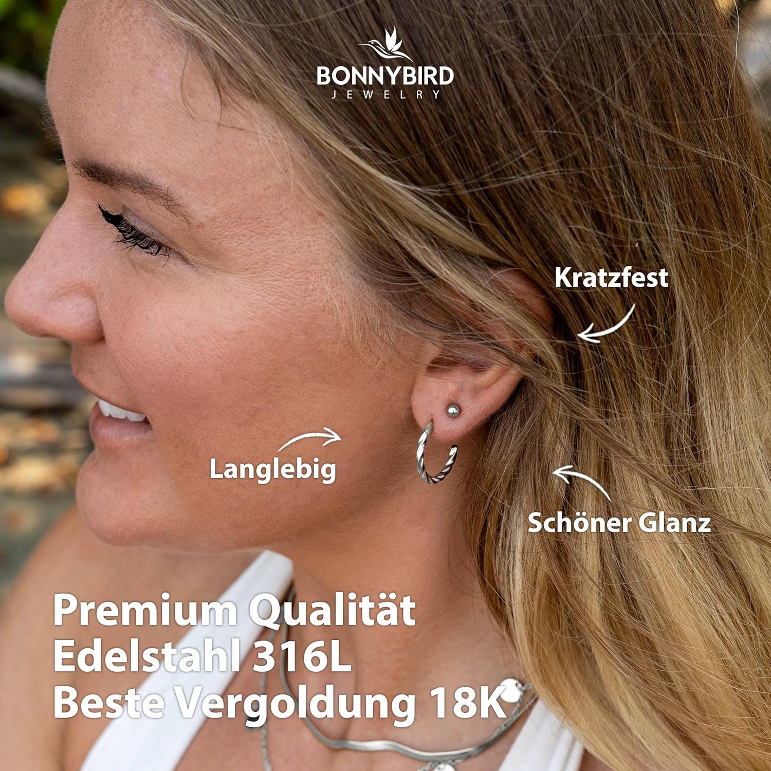BONNYBIRD® Wasserfeste Edelstahl Ohrringe Damen in Silber, Gold & Roségold, Hypoallergen dank medizinischem Chirurgenstahl, Extra Leicht BonnyTwist Silber