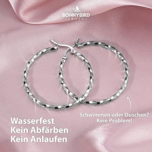 BONNYBIRD® Wasserfeste Edelstahl Creolen Groß in Silber, Gold & Roségold - Ohrringe Damen aus hochwertigem Chirurgenstahl, 100% Wasserfest & Hautverträglich "BonnyFly" (40 mm) BonnyFly Silber