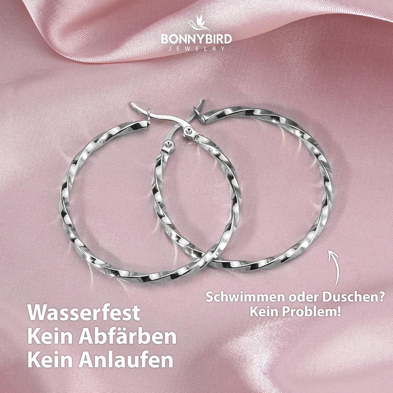 BONNYBIRD® Wasserfeste Edelstahl Creolen Groß in Silber, Gold & Roségold - Ohrringe Damen aus hochwertigem Chirurgenstahl, 100% Wasserfest & Hautverträglich "BonnyFly" (40 mm) BonnyFly Silber