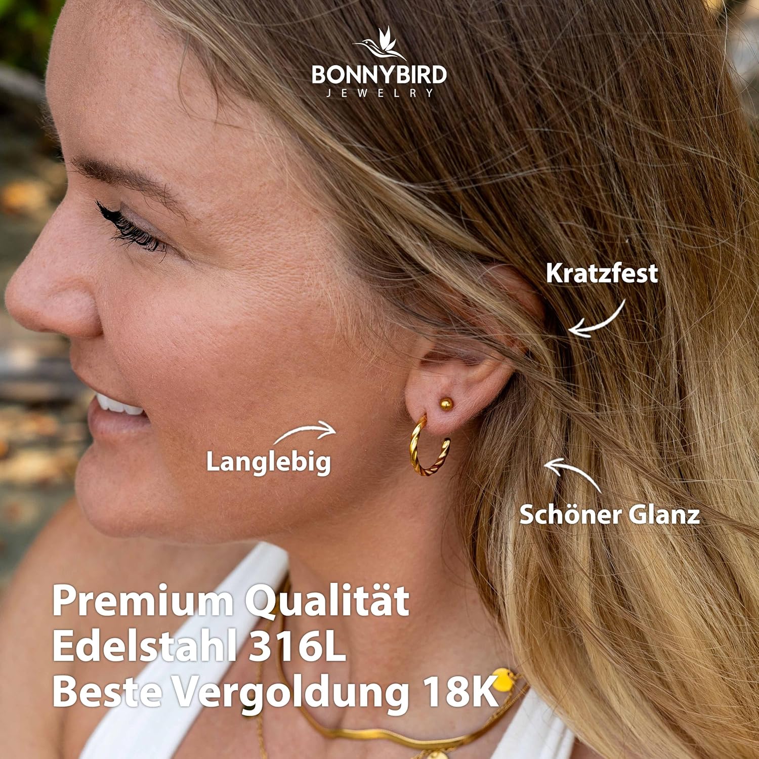 BONNYBIRD® Wasserfeste Edelstahl Ohrringe Damen in Silber, Gold & Roségold, Hypoallergen dank medizinischem Chirurgenstahl, Extra Leicht BonnyTwist Gold