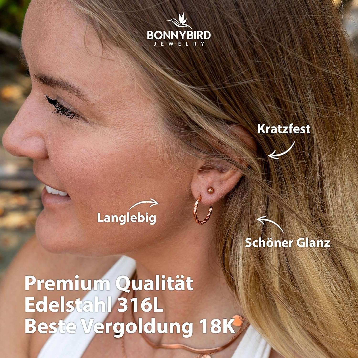 BONNYBIRD® Wasserfeste Edelstahl Ohrringe Damen in Silber, Gold & Roségold, Hypoallergen dank medizinischem Chirurgenstahl, Extra Leicht BonnyTwist Rose