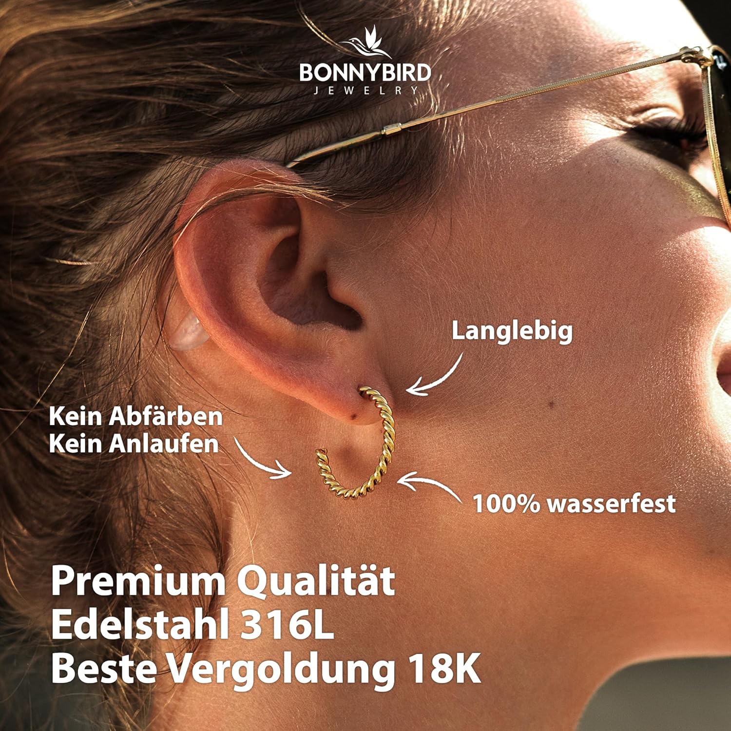 BONNYBIRD® Wasserfeste Edelstahl Ohrringe Damen in Silber, Gold & Roségold, Hypoallergen dank medizinischem Chirurgenstahl, Extra Leicht BonnySail Gold